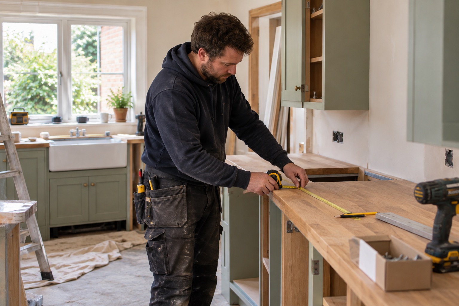 Kitchen fitter measuring a worktop