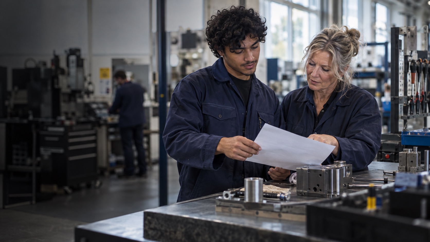 Two people reviewing work details in a workshop